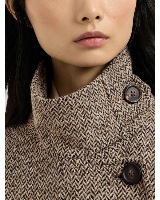 Brunello Cucinelli Natural Sparkling Virgin Wool Chevron Belted Coat With Monili