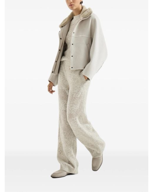 Brunello Cucinelli White Lace-flowers Knit Track Trousers In Sparkling Mohair And Virgin Wool