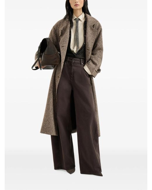 Brunello Cucinelli Natural Sparkling Virgin Wool Chevron Belted Coat With Monili