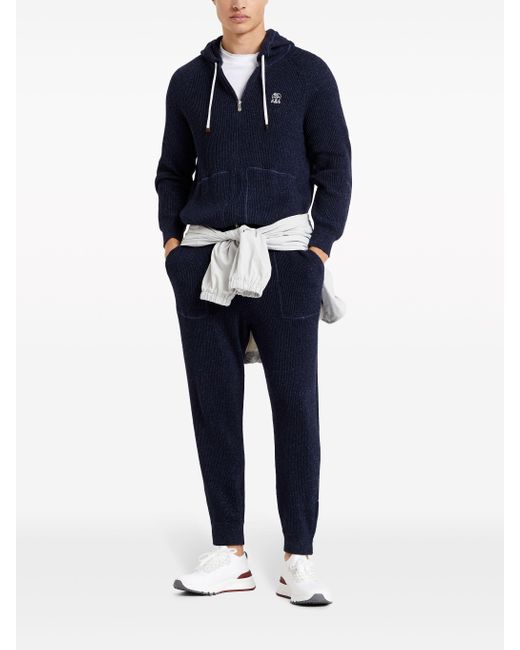 Brunello Cucinelli Blue Ribbed-knit Cotton-blend Track Pants for men