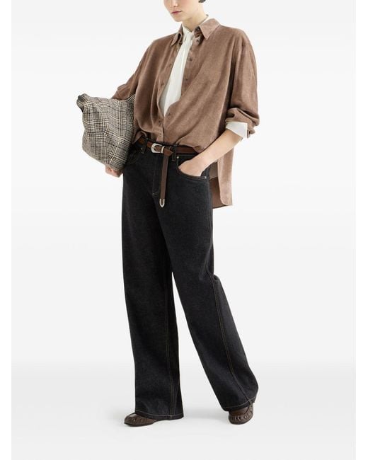 Brunello Cucinelli White Silk Crepe De Chine Shirt With Tie And Shiny Collar