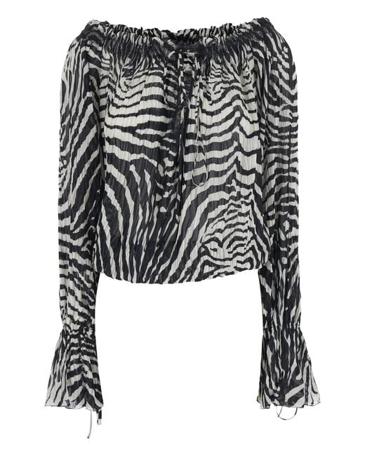 Blumarine Black And Blouse With All-Over Zebra Print And Boat Neckline