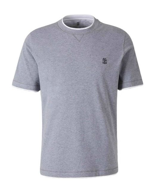 Brunello Cucinelli Gray Embroidered-logo Ribbed-neckline T-shirt for men