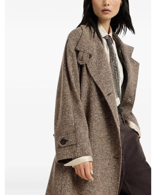 Brunello Cucinelli Natural Sparkling Virgin Wool Chevron Belted Coat With Monili