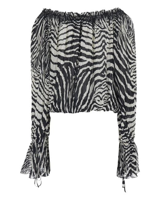 Blumarine Black And Blouse With All-Over Zebra Print And Boat Neckline