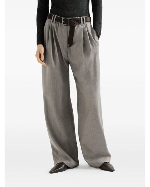 Brunello Cucinelli Gray Sparkling Virgin-wool Pinstripe Track Trousers With Monili