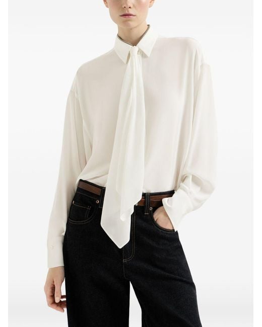 Brunello Cucinelli White Silk Crepe De Chine Shirt With Tie And Shiny Collar