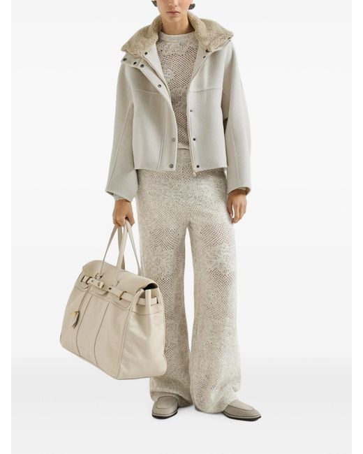 Brunello Cucinelli White Lace-flowers Knit Track Trousers In Sparkling Mohair And Virgin Wool