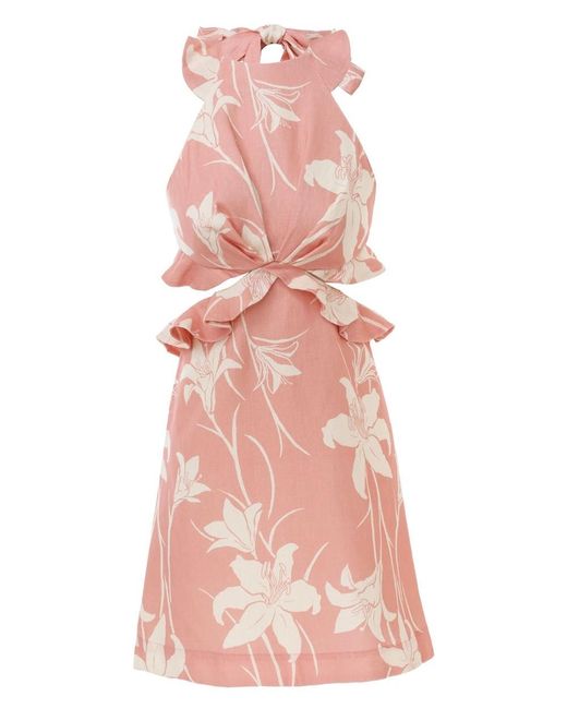 Zimmermann Acadian Tie Back Mini Dress In Pink/ivory Floral