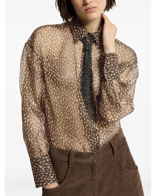Brunello Cucinelli Brown Dapple Silk Organza Shirt With Neck-tie