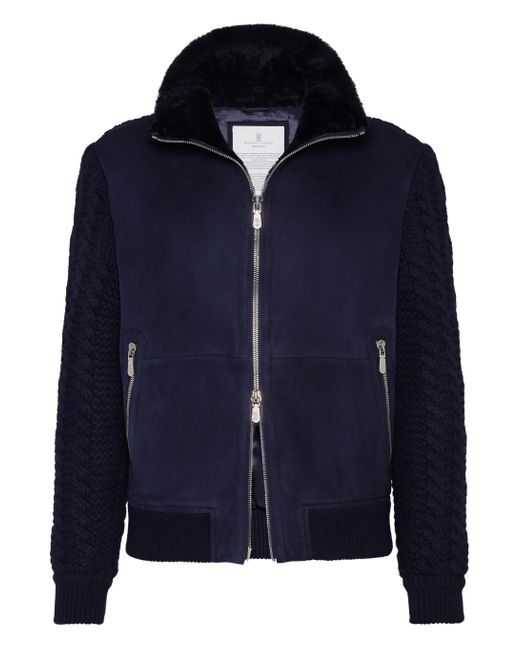 Brunello Cucinelli Blue Suede Knit Insert Bomber Jacket for men