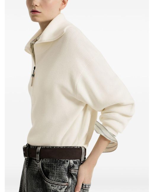 Brunello Cucinelli White Cotton English Rib Sweater With Shiny Zipper Pull