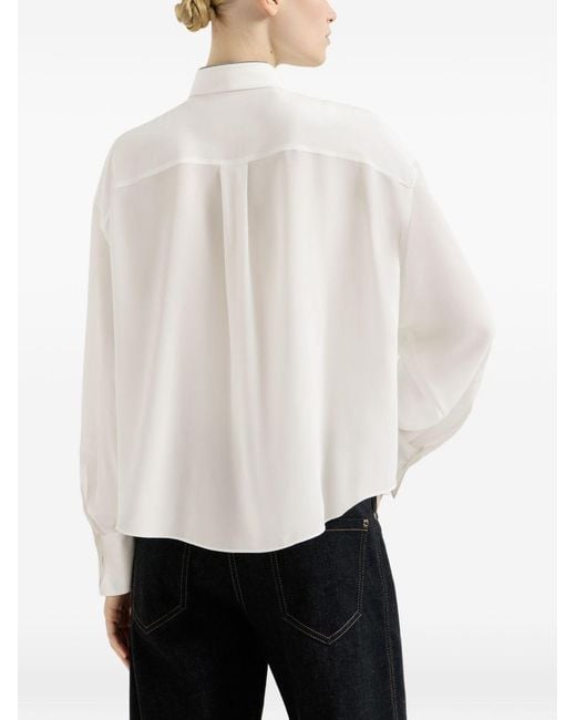 Brunello Cucinelli White Silk Crepe De Chine Shirt With Tie And Shiny Collar
