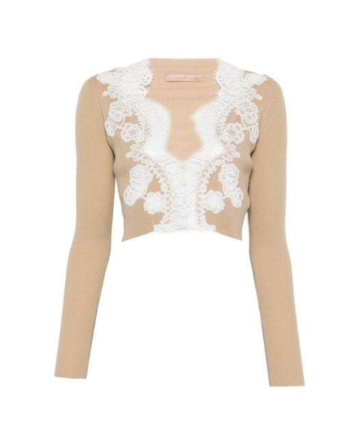 Ermanno Scervino White Lace-trimmed Ribbed Cardigan