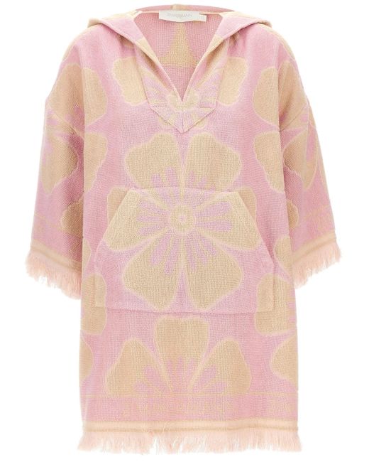 Zimmermann Pink Floral Print Towelled Hooded Beach Dress