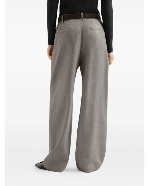 Brunello Cucinelli Gray Sparkling Virgin-wool Pinstripe Track Trousers With Monili