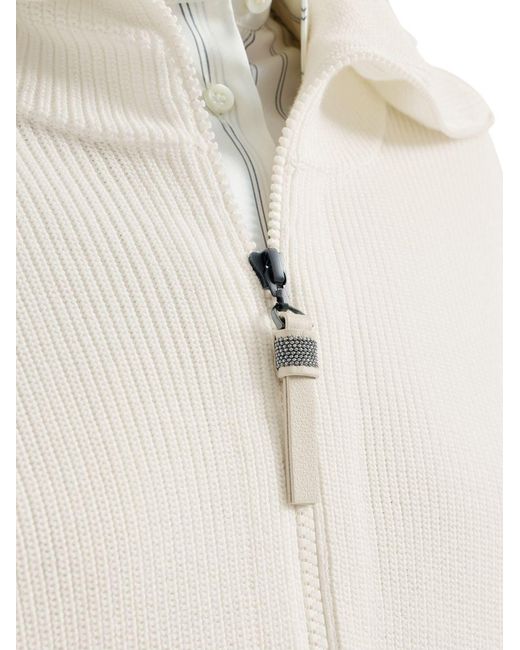 Brunello Cucinelli White Cotton English Rib Sweater With Shiny Zipper Pull