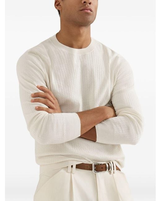 Brunello Cucinelli White Cotton Textured Rib Lightweight Sweater for men