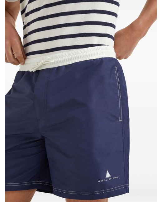 Brunello Cucinelli Blue Logo-print Swim Shorts for men