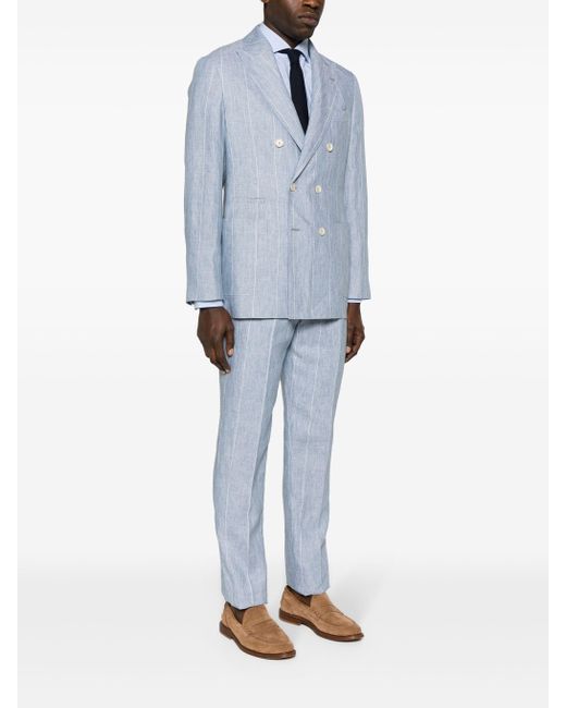 Brunello Cucinelli Blue Linend Striped Double-breasted Suit for men