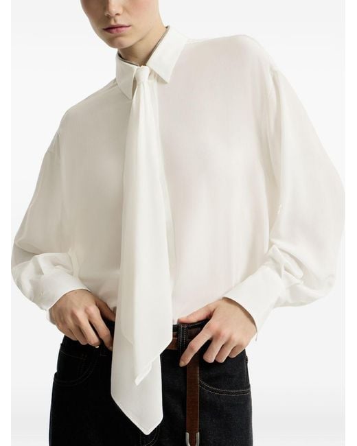 Brunello Cucinelli White Silk Crepe De Chine Shirt With Tie And Shiny Collar