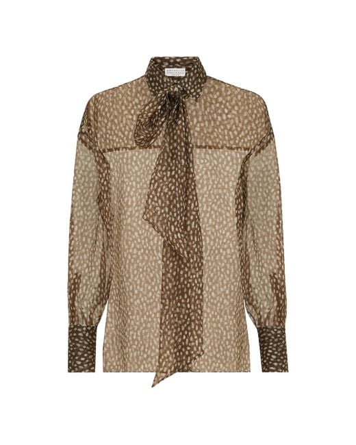 Brunello Cucinelli Brown Dapple Silk Organza Shirt With Neck-tie