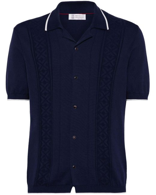 Brunello Cucinelli Blue Intarsia-knit Cotton Shirt for men