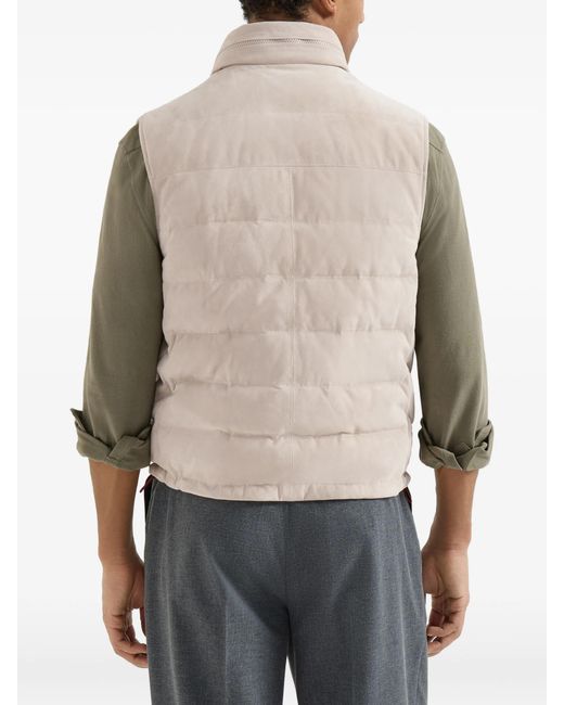Brunello Cucinelli White Suede Down Vest With Packable Hood for men