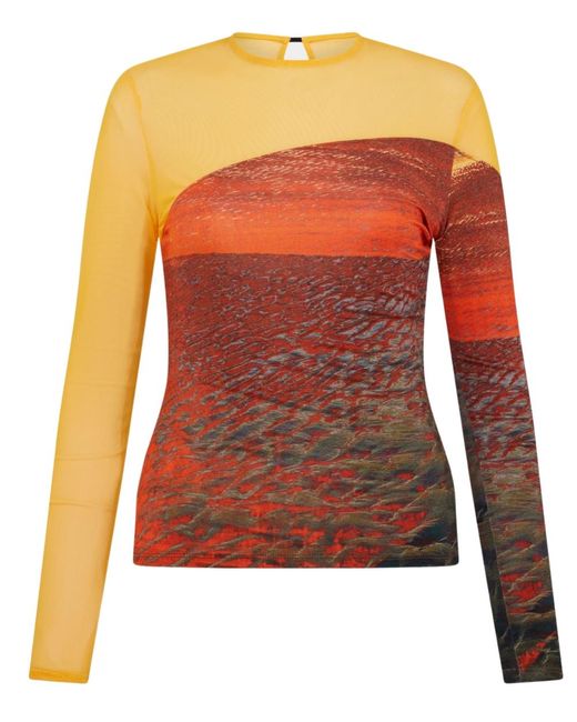 Louisa Ballou Brown Long Sleeve Seamed Top In Orange/painted Sunset.