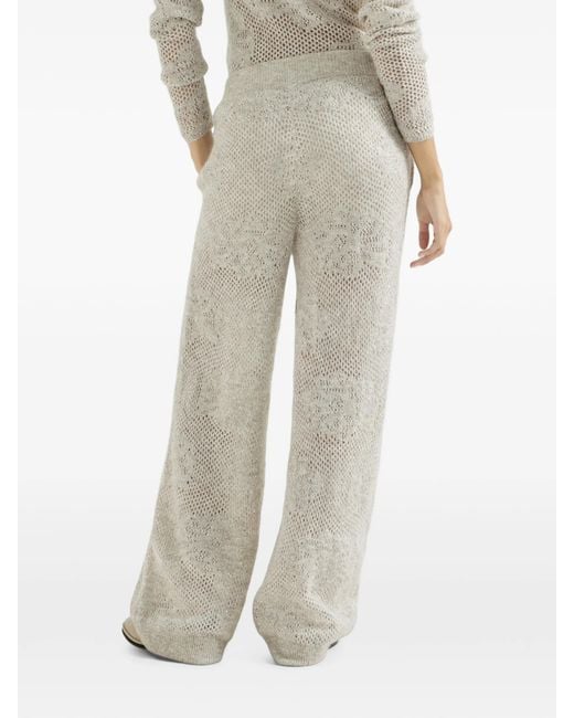Brunello Cucinelli White Lace-flowers Knit Track Trousers In Sparkling Mohair And Virgin Wool