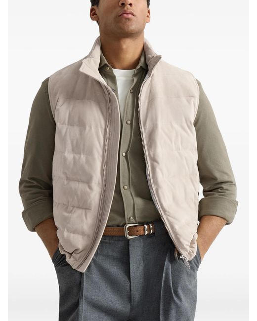 Brunello Cucinelli White Suede Down Vest With Packable Hood for men