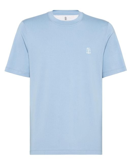 Brunello Cucinelli Blue Logo-print Cotton T-shirt for men