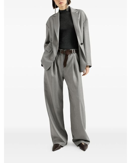 Brunello Cucinelli Gray Sparkling Virgin-wool Pinstripe Track Trousers With Monili