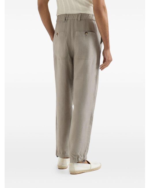 Brunello Cucinelli Gray Linen Micro Chevron Trousers With Drawstrings for men