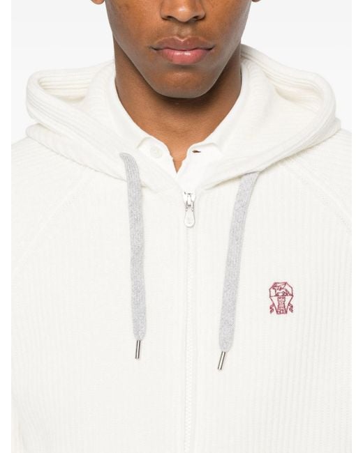 Brunello Cucinelli White Hooded Ribbed Zip-up Cardigan for men