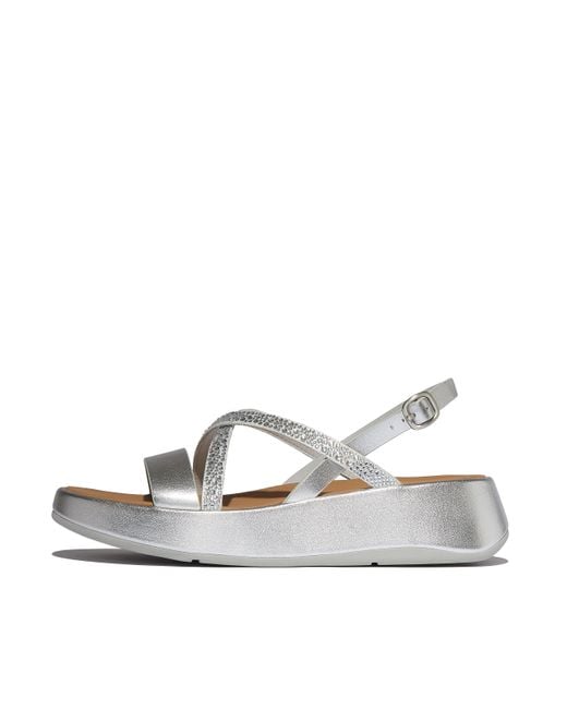 Fitflop White Women F-mode Crystal-mix Flatform Strappy Back-strap Sandals Leather Crystal Covered Microfibre, Markdown