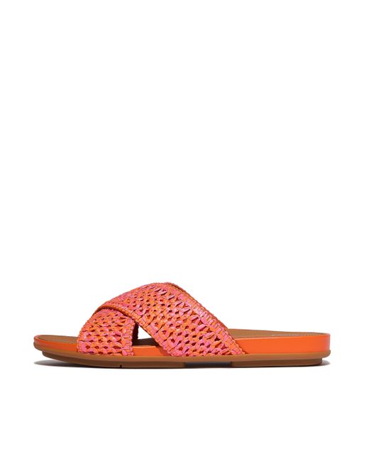 Fitflop Red Gracie Two-Tone Woven Cross Slides Faux Raffia/Polyester