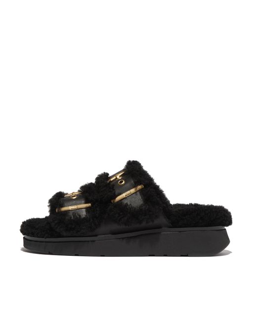 Fitflop Black Gen-Ff Shearling Two-Bar Slides
