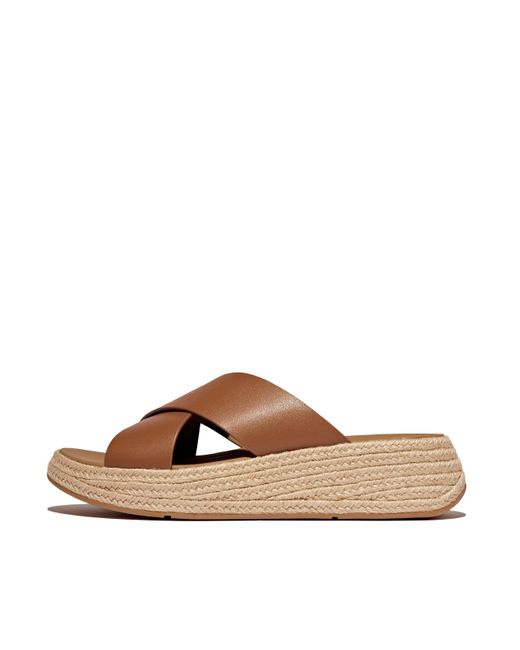 Fitflop Brown Women F-mode Espadrille Leather Flatform Cross Slides, Markdown