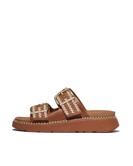 Fitflop Brown Women Gen-ff Buckle V-weave Two-bar Slides Leather/webbing