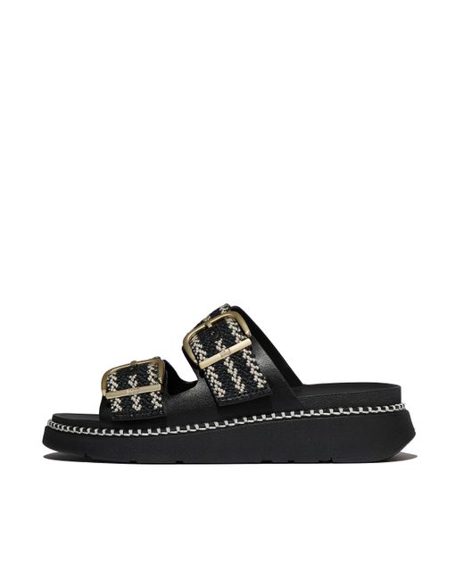 Fitflop Black Women Gen-ff Buckle V-weave Two-bar Slides Leather/webbing