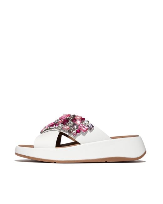 Fitflop White F-Mode Jewel-Deluxe Leather Flatform Cross Slides