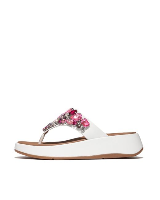 Fitflop White F-Mode Jewel-Deluxe Leather Flatform Toe-Post Sandals