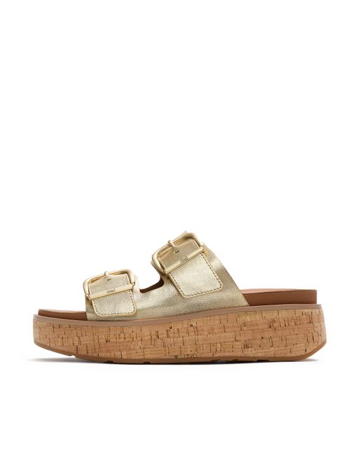 Fitflop Natural Gen-Ff Max Buckle Metallic-Leather/Cork Two-Bar Slides