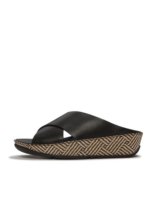 Fitflop Black Lulu Lux Graphic-Weave Leather Cross Slides