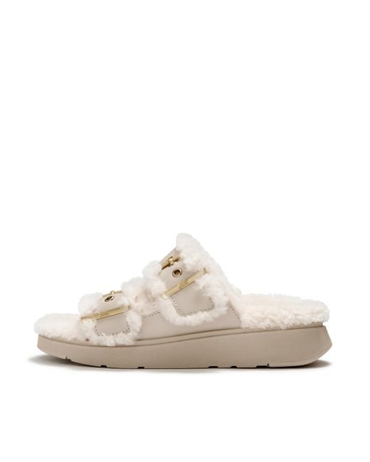 Fitflop Natural Gen-Ff Shearling Two-Bar Slides, Stone, Size: Uk