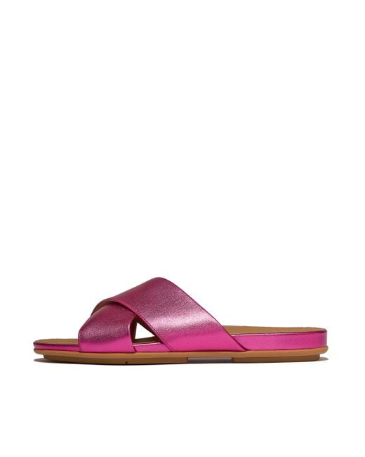 Fitflop Pink Gracie Metallic-Leather Cross Slides