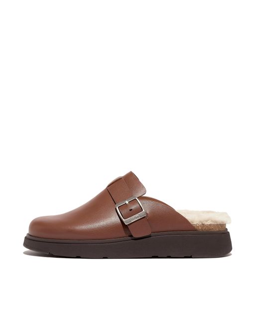 Fitflop Brown Gen-ff Mens Buckle Shearling-footbed Leather Mules for men