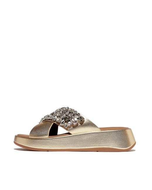 Fitflop Brown Women F-mode Jewel-deluxe Metallic-leather Flatform Cross Slides, Markdown