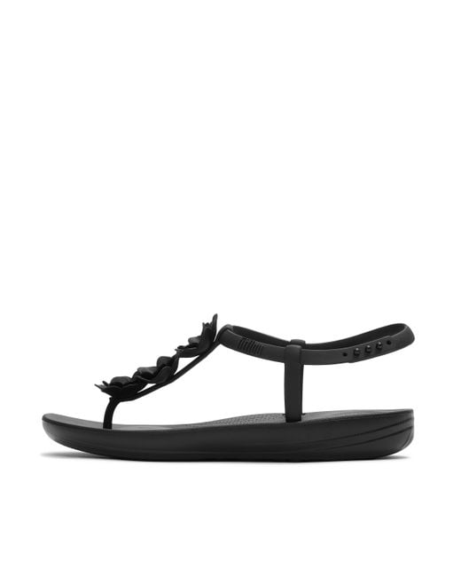 Fitflop Black Iqushion Splash Flower T-Bar Sandals